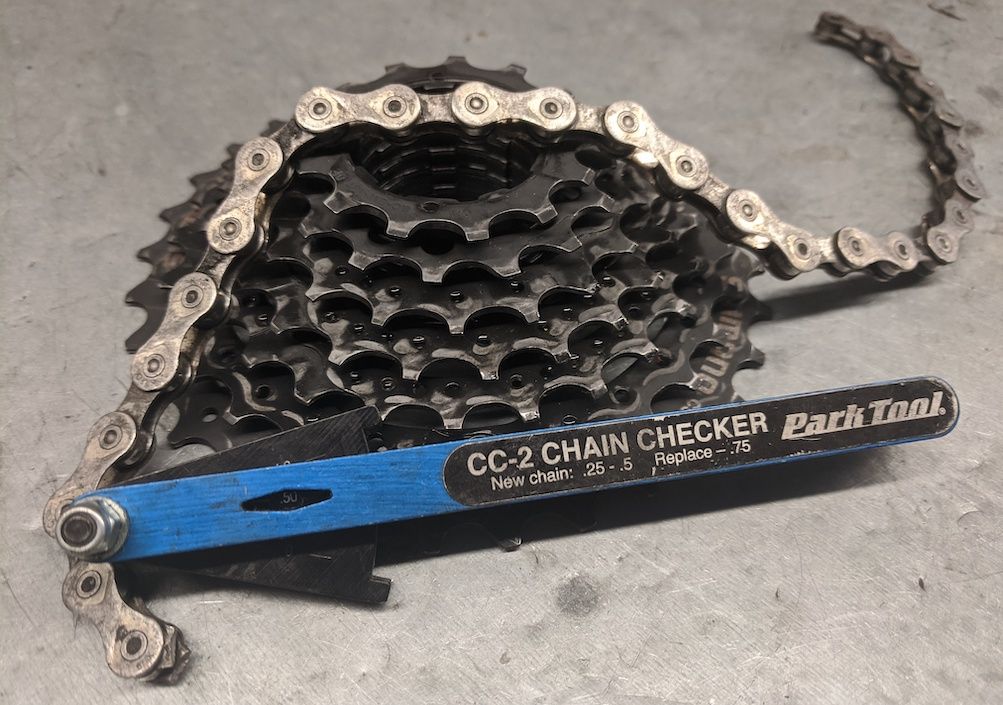 A chain and cassette with a chain checker tool