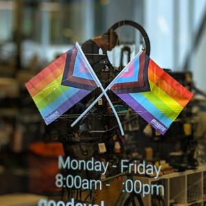 Rainbow flags attached to Goldie store front window, with bike mechanic Leigh working in the background of the photo.